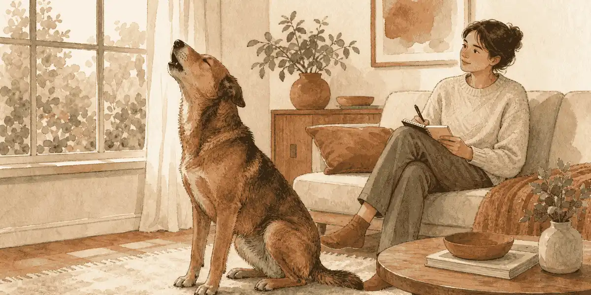 A brown mixed-breed dog howls beside a window while a caregiver calmly records the context in a notebook.