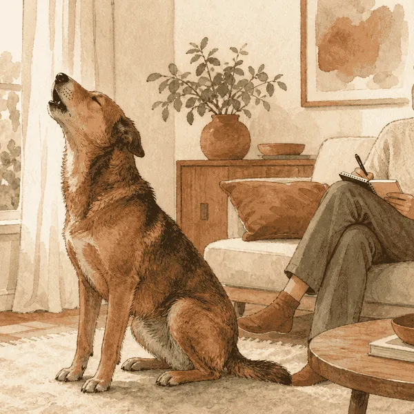 A brown mixed-breed dog howls beside a window while a caregiver calmly records the context in a notebook.