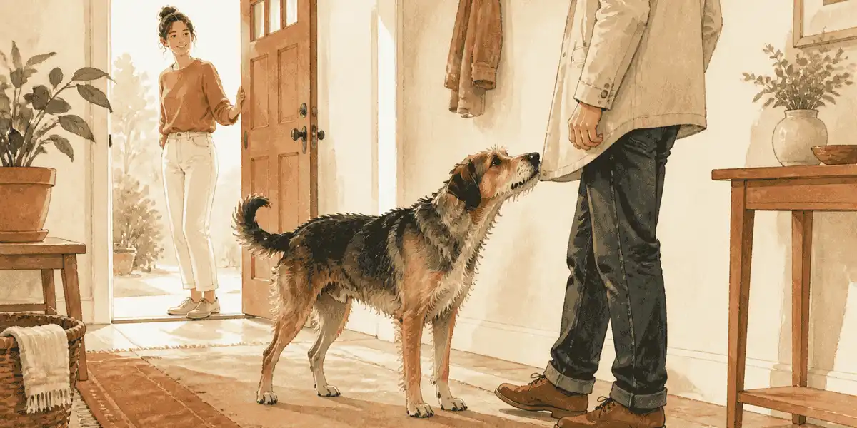 A calm mixed-breed dog pauses near a visitor's lower jacket while the owner leaves a clear path in a sunlit entryway.