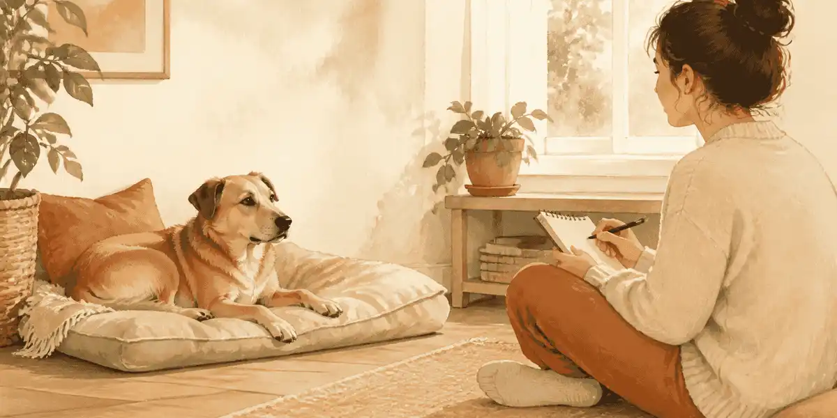 A tan mixed-breed dog rests beside a seated caregiver who records observations in a notebook.
