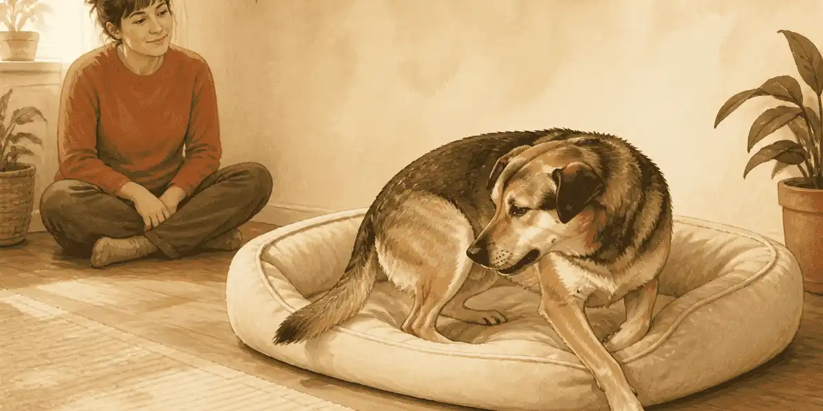 A relaxed dog makes a small turn beside a simple bed while a caregiver watches from a respectful distance.