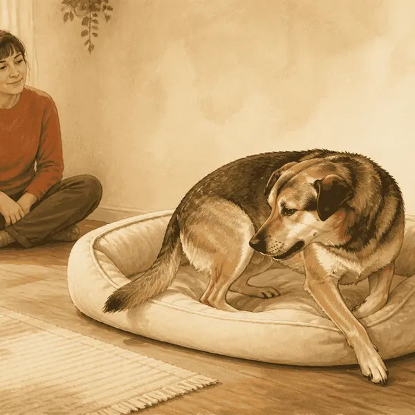A relaxed dog makes a small turn beside a simple bed while a caregiver watches from a respectful distance.