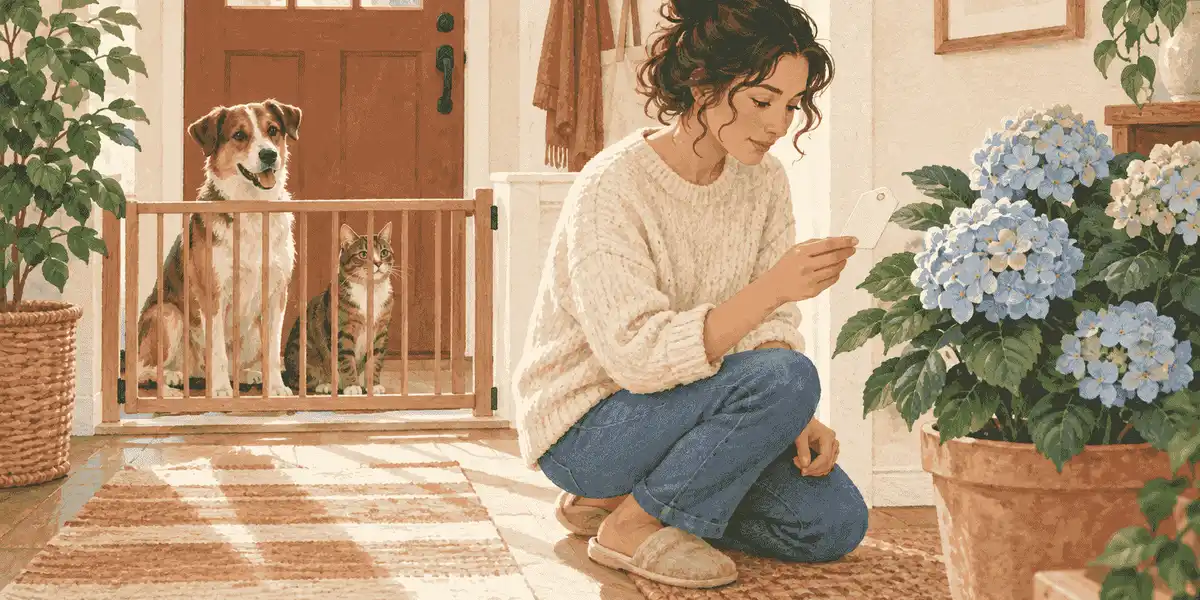 A caregiver photographs an unbranded hydrangea label while a cat and dog wait safely behind a low gate.