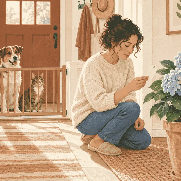 A caregiver photographs an unbranded hydrangea label while a cat and dog wait safely behind a low gate.