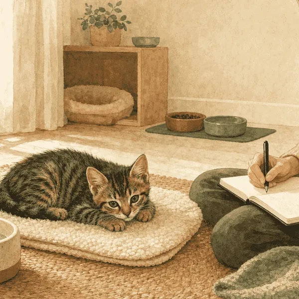 A tabby kitten rests near a water bowl while a caregiver records stool, appetite, and energy observations before calling a veterinary clinic.