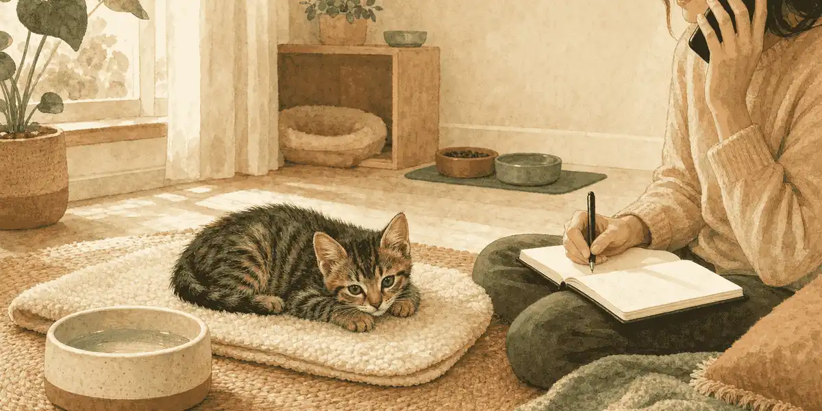 A tabby kitten rests near a water bowl while a caregiver records stool, appetite, and energy observations before calling a veterinary clinic.