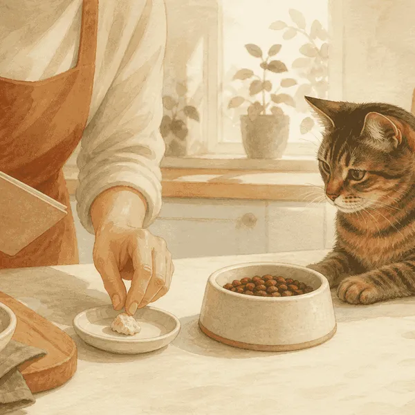 A tabby cat watches a caregiver prepare a small plain treat beside the cat's regular food in a warm kitchen.