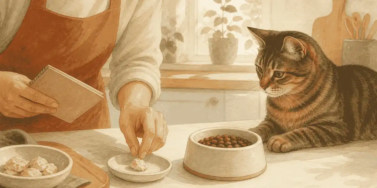 A tabby cat watches a caregiver prepare a small plain treat beside the cat's regular food in a warm kitchen.