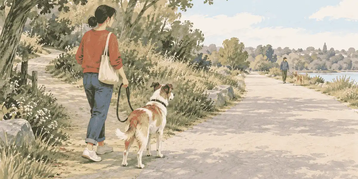 A mixed-breed dog watches another dog from a wide, calm distance on a quiet path while a caregiver keeps the route open.