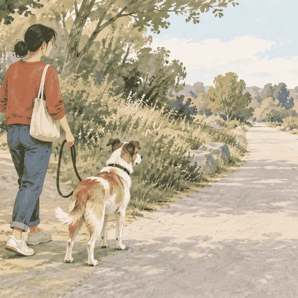 A mixed-breed dog watches another dog from a wide, calm distance on a quiet path while a caregiver keeps the route open.
