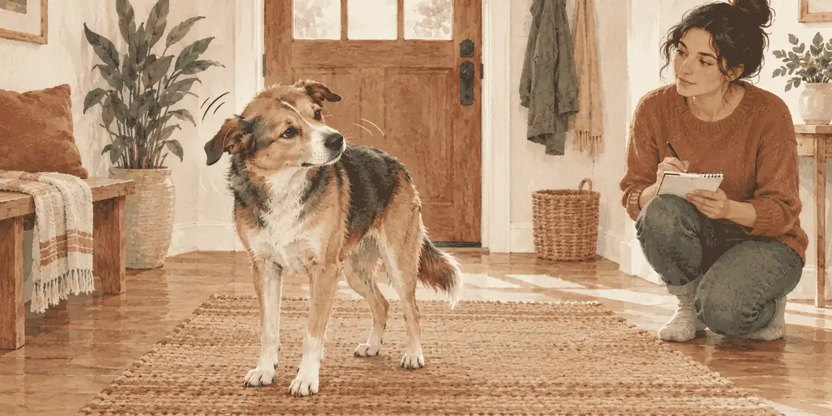A mixed-breed dog pauses beside a caregiver who is noting a head shake before an ear check.