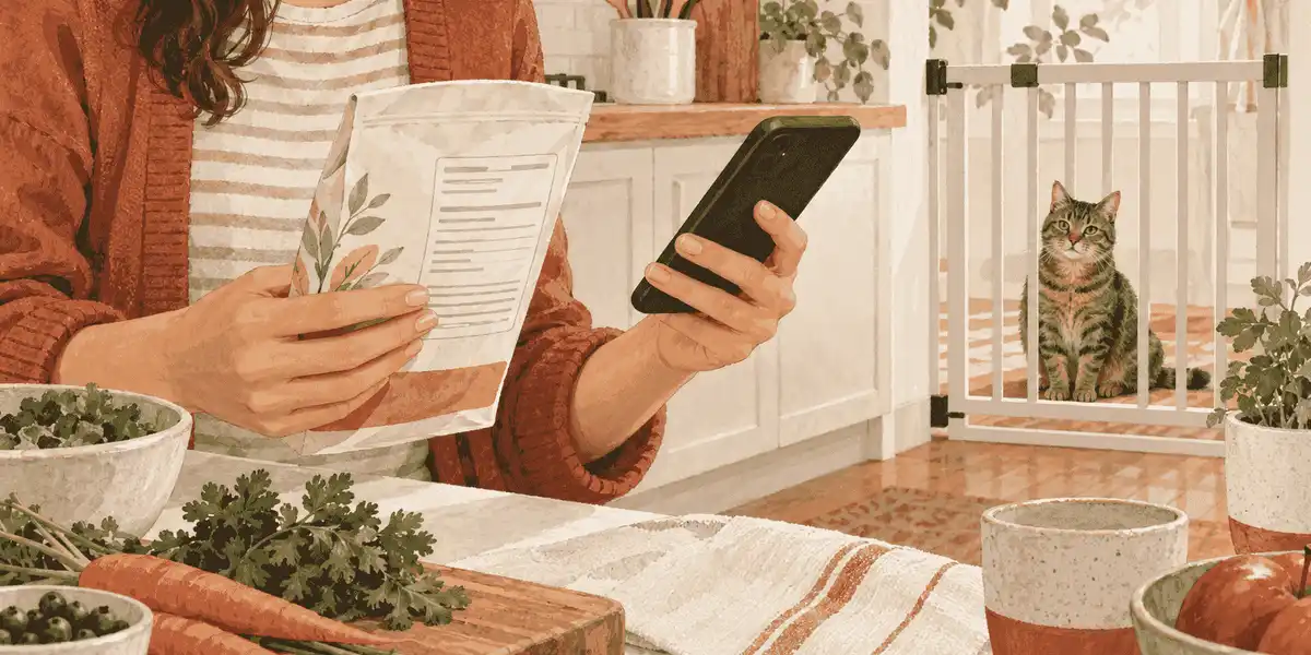 A caregiver checks a food label beside a phone while a tabby cat waits behind a quiet kitchen gate.