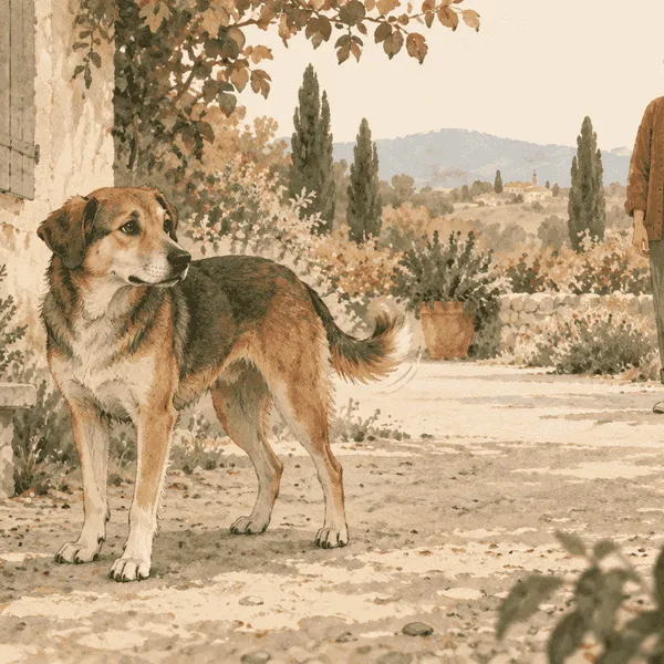 A mixed-breed dog pauses on a garden path while a caregiver gives space and watches the whole body, not just the wagging tail.