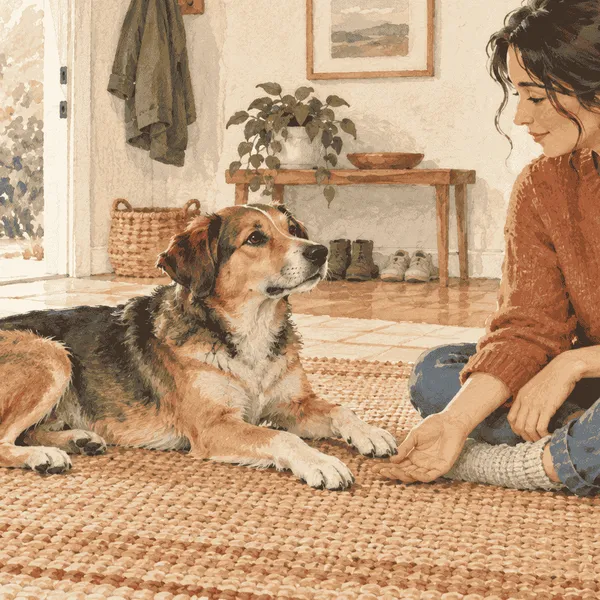 A relaxed mixed-breed dog rests beside a seated caregiver and places one front paw near the caregiver's open hand.