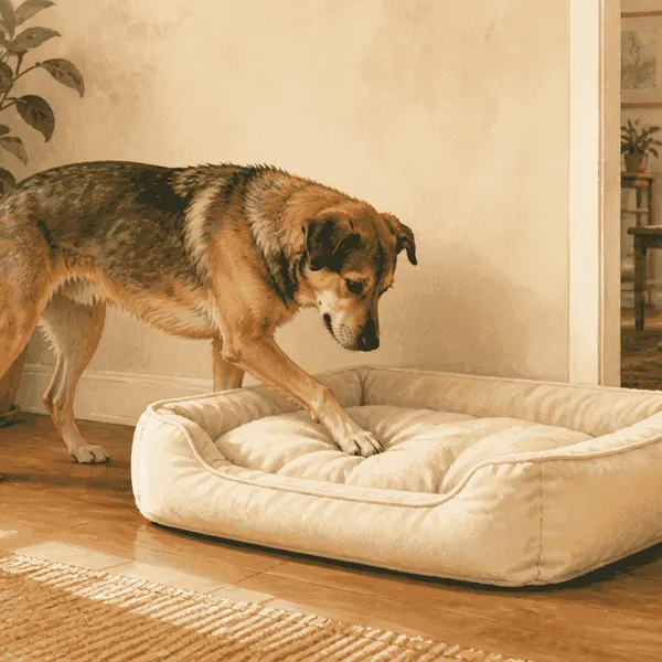 A relaxed mixed-breed dog paws a plain cream bed before settling while a caregiver watches from a respectful distance.