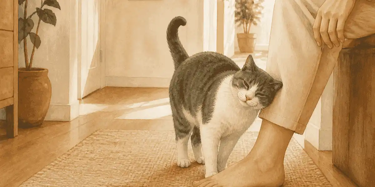 A gray-and-white cat gently rubs its cheek against a seated caregiver's ankle in a sunlit hallway.