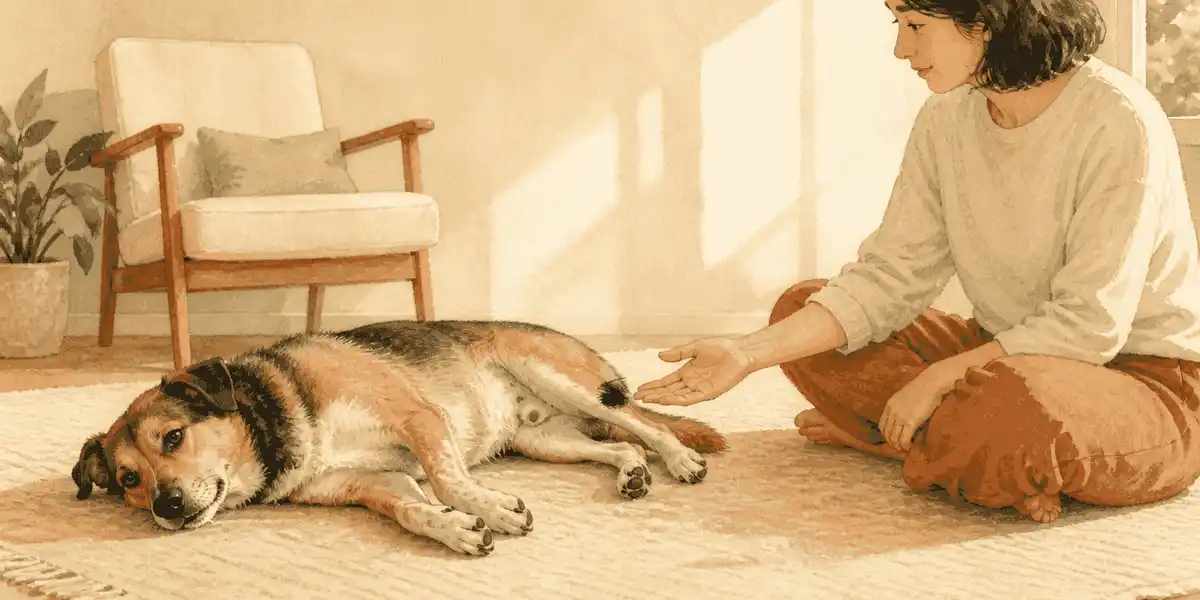 A mixed-breed dog lies on its side on a rug while a seated caregiver pauses with an open hand near the dog's belly.
