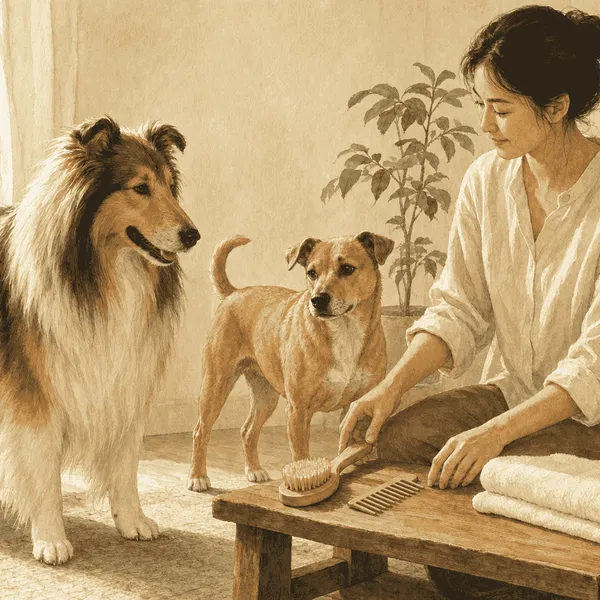 Two calm dogs with different coat types stand beside a seated caregiver preparing a brush, comb, and folded towels.