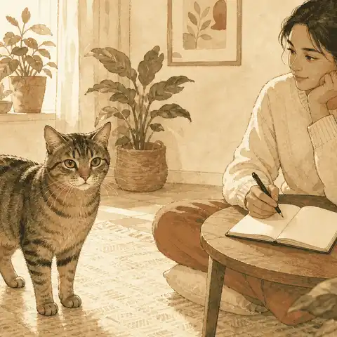 A tabby cat stands on a rug while its caregiver records observations in a notebook at a low table.