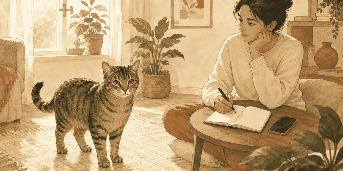 A tabby cat stands on a rug while its caregiver records observations in a notebook at a low table.