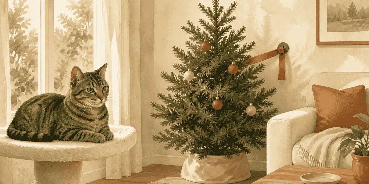 A tabby cat rests on a nearby perch while a securely anchored Christmas tree stands in a softly lit living room.