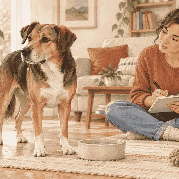 A mixed-breed dog pauses beside a water bowl while a caregiver quietly records a drooling observation.
