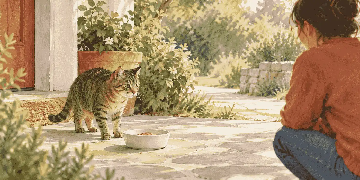 A cautious tabby cat pauses beside a clean bowl on a quiet porch while a finder watches from a respectful distance.