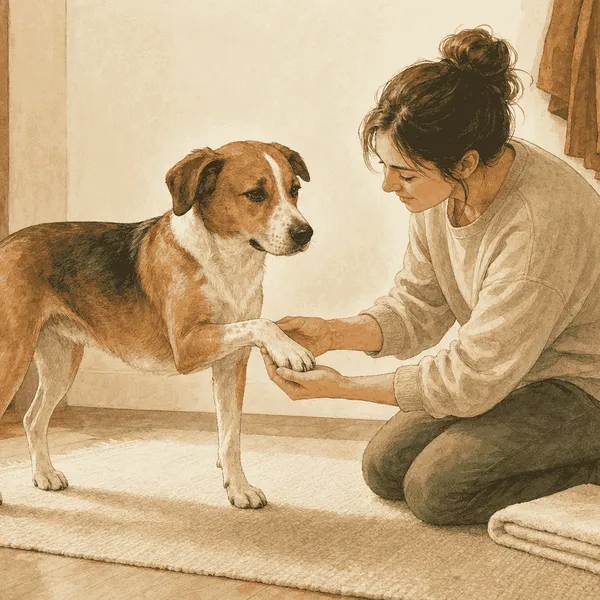A brown-and-white dog stands on a cream mat while a kneeling caregiver gently supports one raised front paw in a warm entryway.