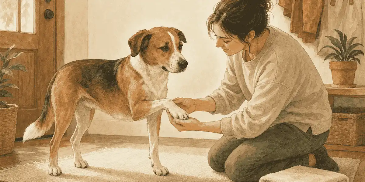 A brown-and-white dog stands on a cream mat while a kneeling caregiver gently supports one raised front paw in a warm entryway.