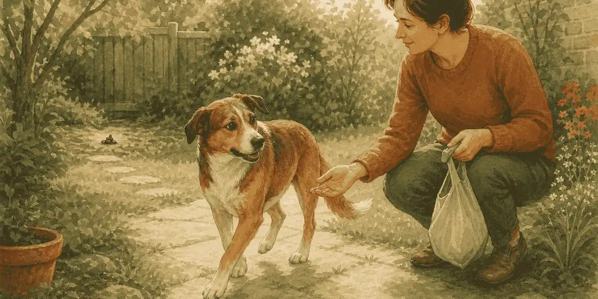 A caregiver calmly rewards a mixed-breed dog for turning away while cleaning a tidy garden after a toilet break.
