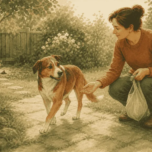 A caregiver calmly rewards a mixed-breed dog for turning away while cleaning a tidy garden after a toilet break.