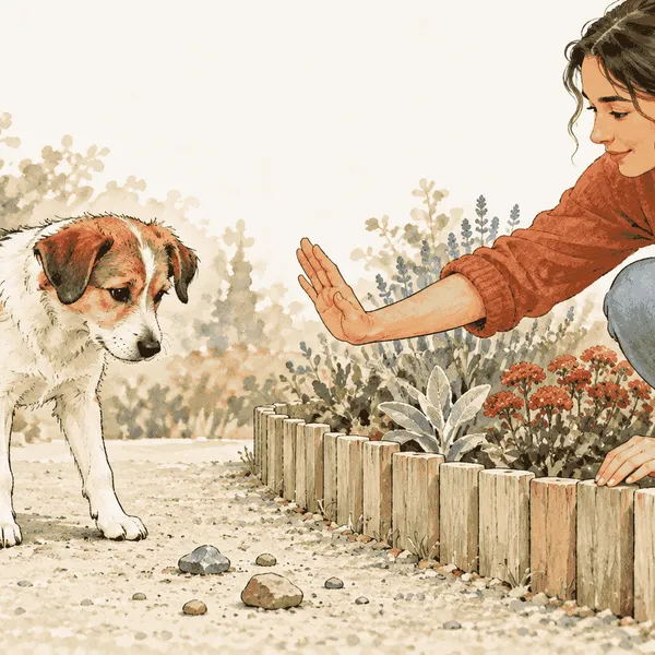 A caregiver calmly keeps a young dog away from loose rocks beside a garden path.