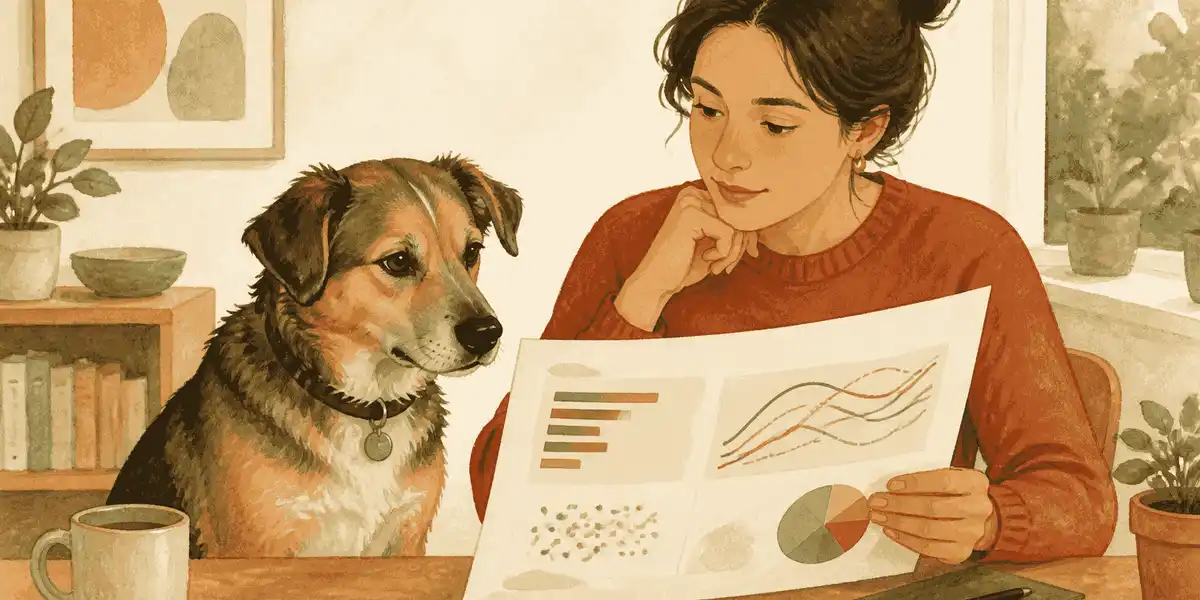 A calm mixed-breed dog sits beside a warm paper chart while a caregiver reviews a longevity table.