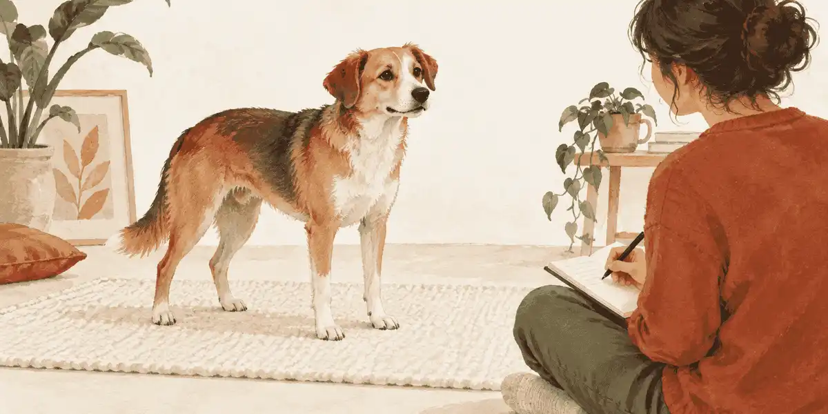 A caregiver observes a calm dog standing on a cream mat while noting changes in movement and posture.