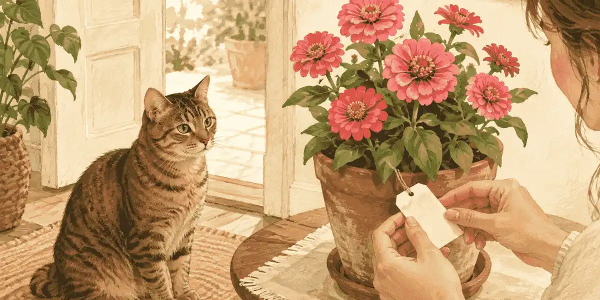 A caregiver checks a zinnia plant label while a cat watches from behind an open doorway in a warm, uncluttered room.