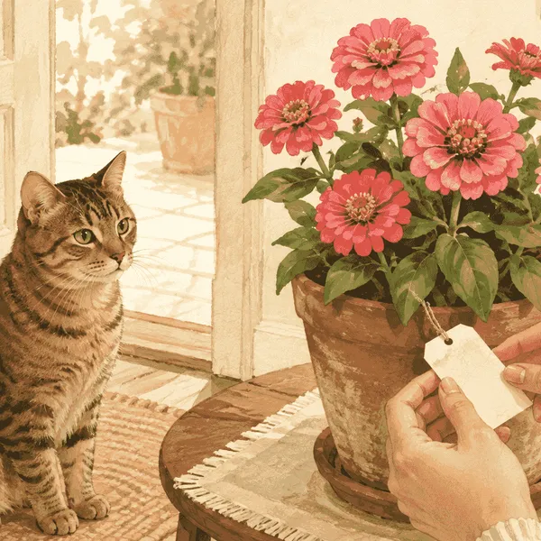 A caregiver checks a zinnia plant label while a cat watches from behind an open doorway in a warm, uncluttered room.