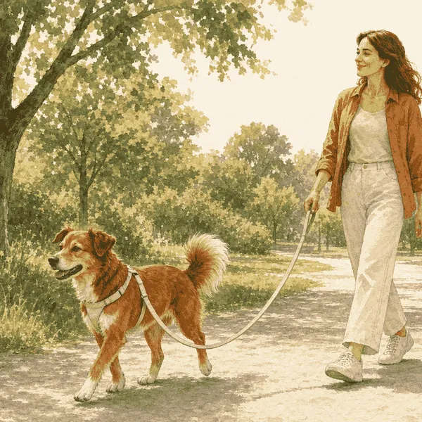 A chestnut-and-cream dog walks on a slack leash beside a caregiver on a sunny park path.