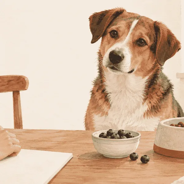 A dog waits beside a small bowl of plain blueberries and its regular food bowl on a kitchen table.