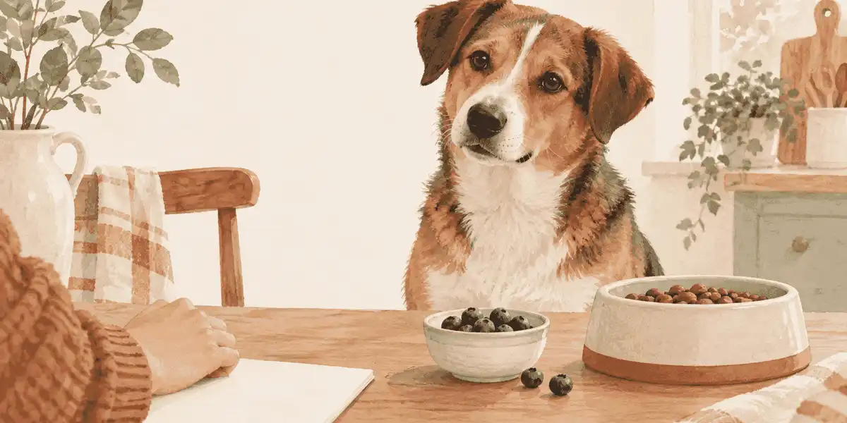 A dog waits beside a small bowl of plain blueberries and its regular food bowl on a kitchen table.