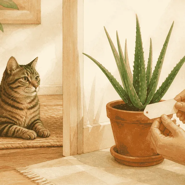 A tabby cat watches a caregiver check the label on a potted aloe plant in a warm, uncluttered room.