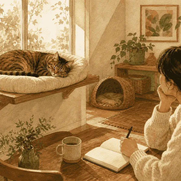 An adult tabby cat sleeps in an elevated window nook while a caregiver quietly makes notes at a nearby table.