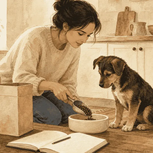 A caregiver measures puppy food beside an alert puppy, two plain food containers, and an observation notebook.