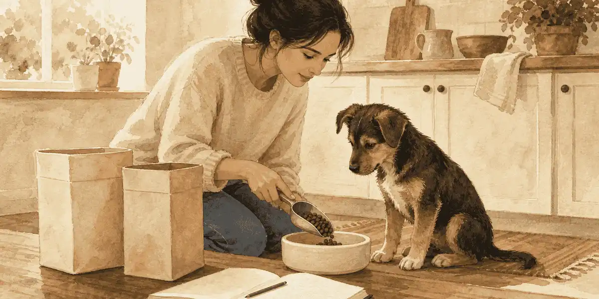 A caregiver measures puppy food beside an alert puppy, two plain food containers, and an observation notebook.