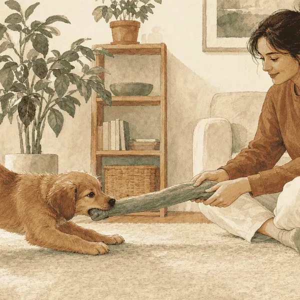 A young golden puppy plays with a long soft toy held by a seated caregiver whose hands and clothing stay clear of the puppy's mouth.