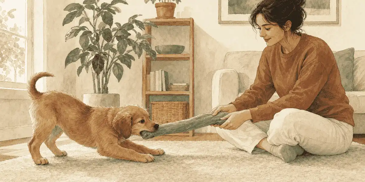 A young golden puppy plays with a long soft toy held by a seated caregiver whose hands and clothing stay clear of the puppy's mouth.