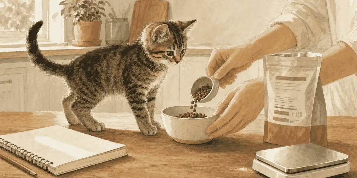A tabby kitten watches a caregiver measure food beside an unbranded feeding guide and growth notebook.