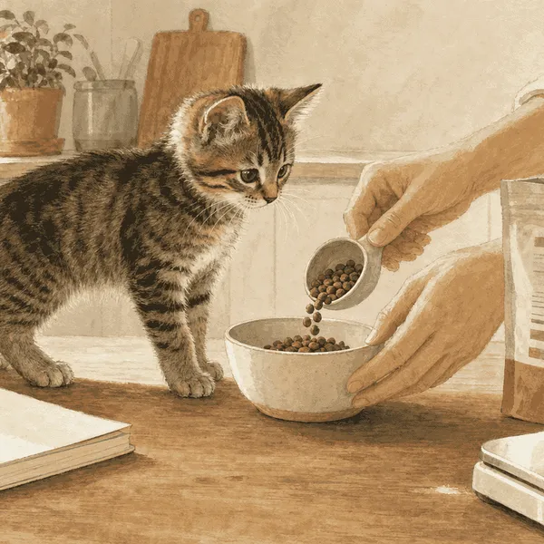 A tabby kitten watches a caregiver measure food beside an unbranded feeding guide and growth notebook.