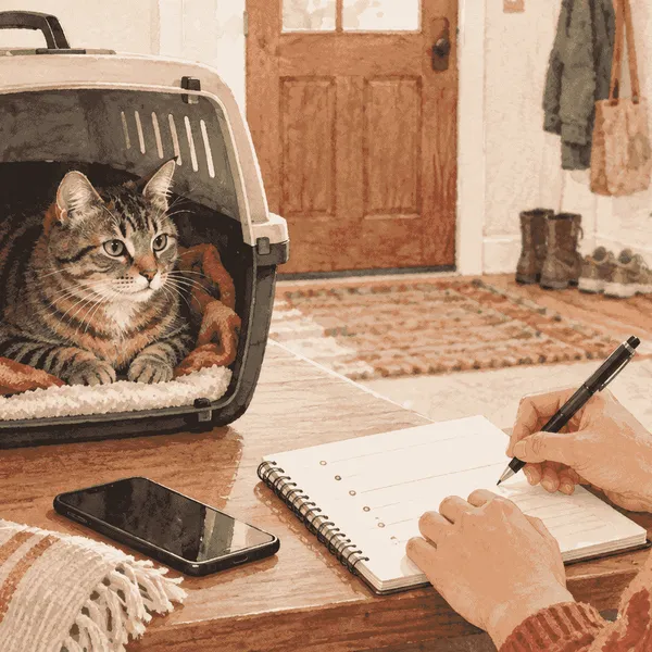 A tabby cat rests in an open carrier while a caregiver records vomiting and stool observations on a simple timeline.