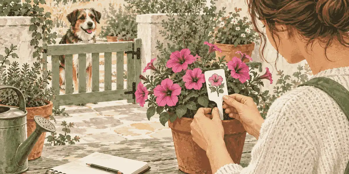 A caregiver checks a petunia plant label while a dog waits behind a low garden gate.