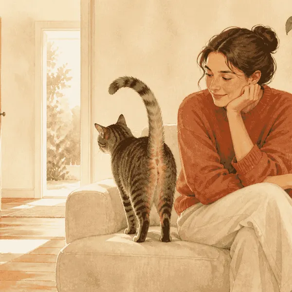 A tabby cat pauses with its tail raised near a seated caregiver while an open doorway leaves space to move away.